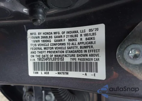 2020 Honda Insight Ex z USA, uszkodzony, nr VIN 19XZE4F51LE015153